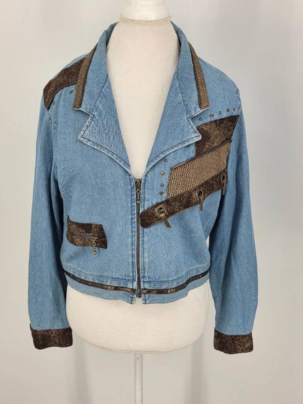 Vintage City Girl Womens L 80s Mixed Media Denim Moto Bomber Jacket Boho USA